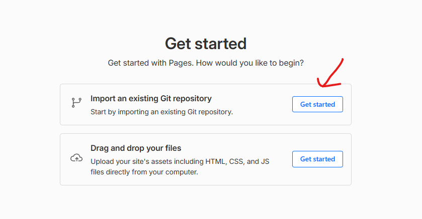 Cloudflare Pages 'Get started' screen with the option to import an existing Git repository