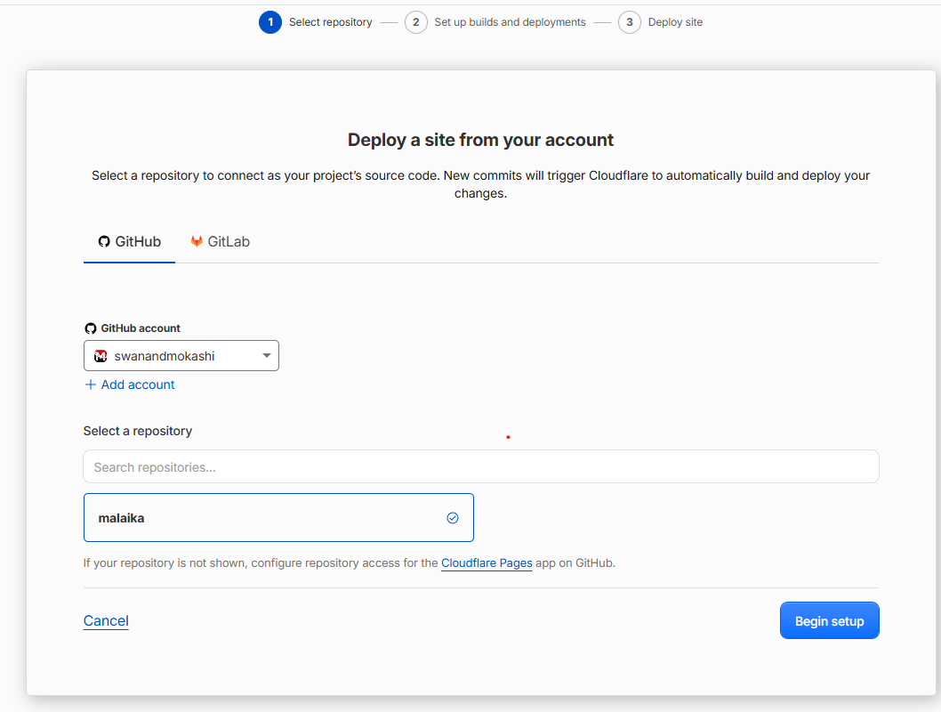 Cloudflare Pages repository selection, with the malaika repository selected