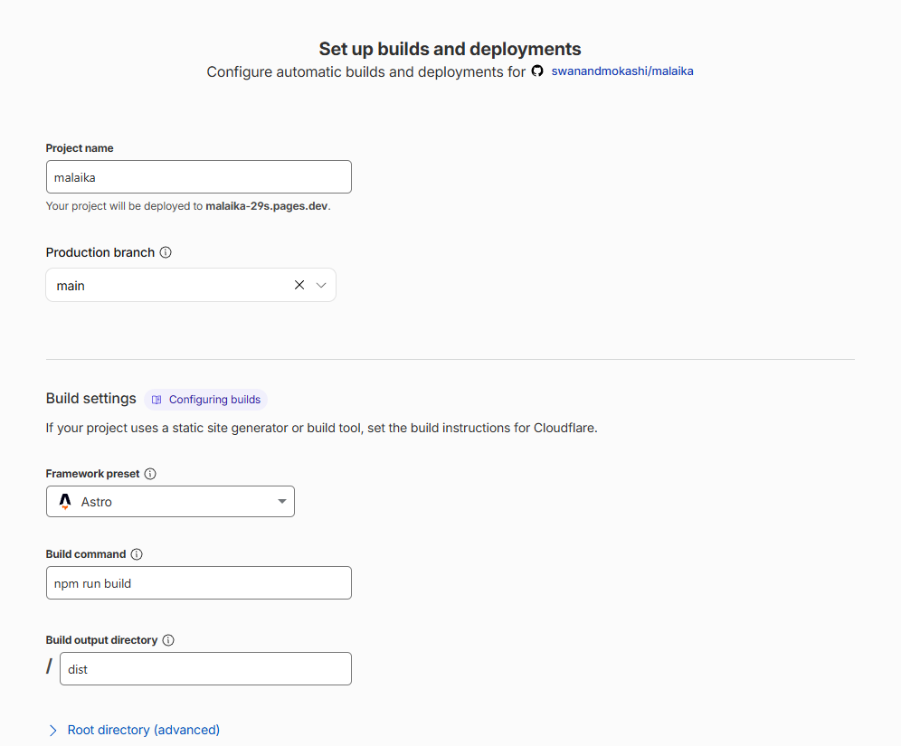 Cloudflare Pages build configuration with framework preset Astro, build command npm run build, output directory dist, and production branch main