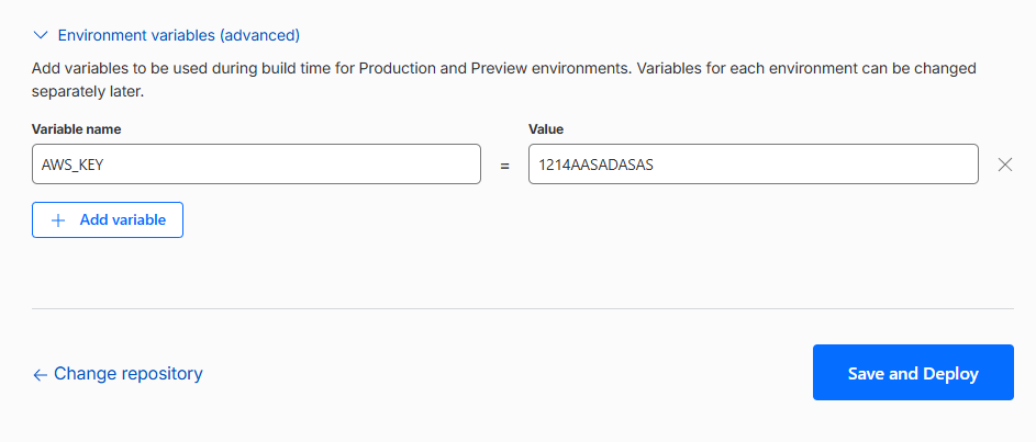 Cloudflare Pages environment variables screen with a variable added