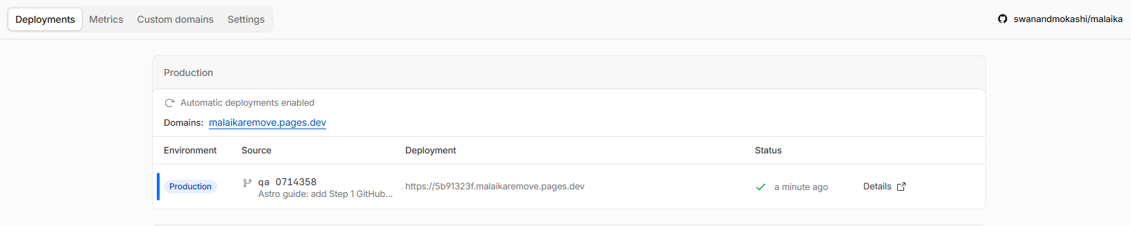 A successful Cloudflare Pages production deployment with a pages.dev URL and green status