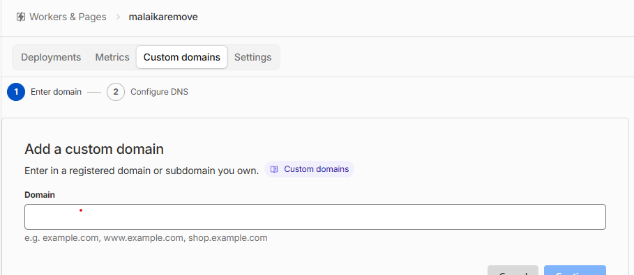 Cloudflare Pages Add a custom domain screen